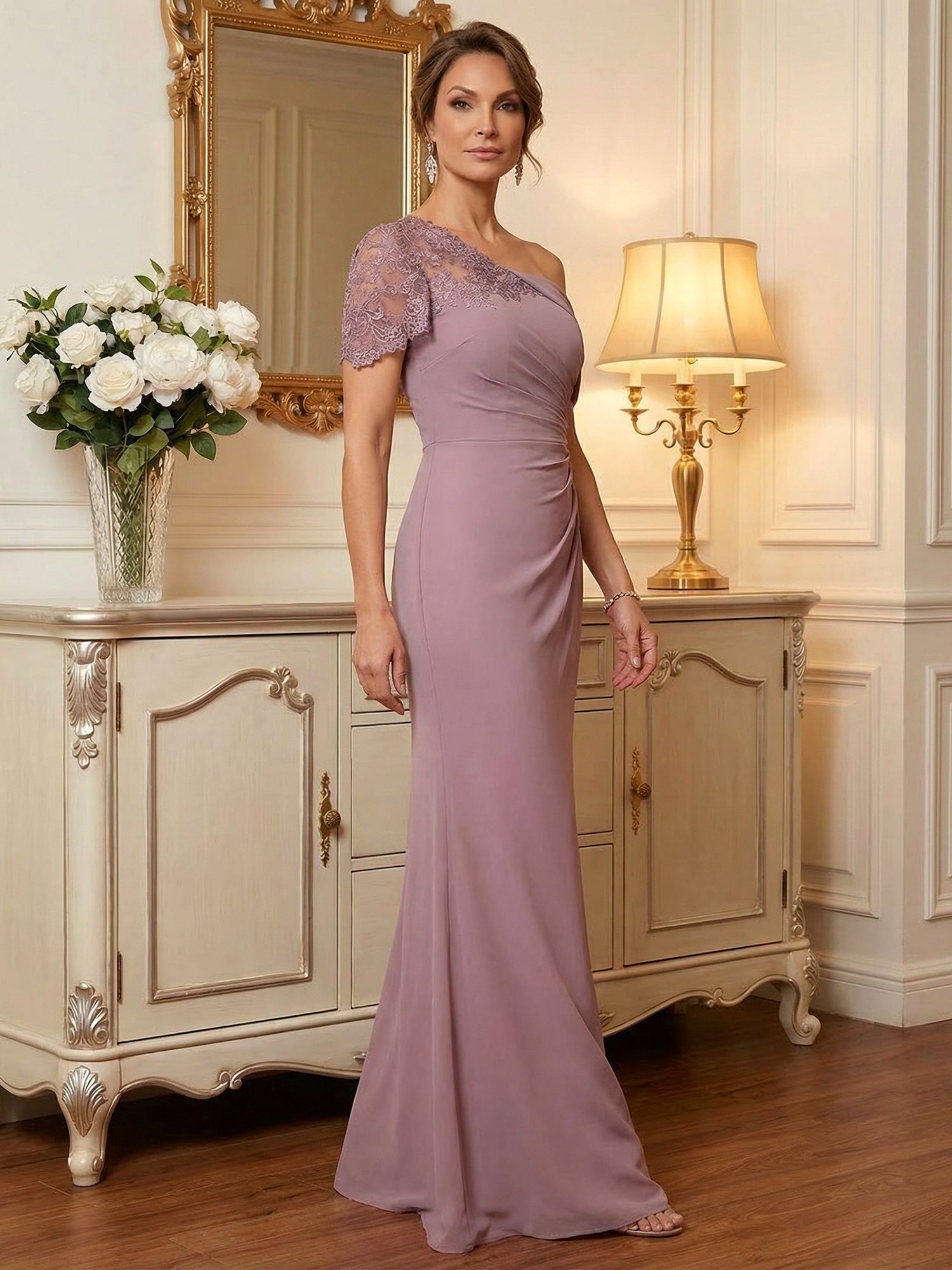 One-Shoulder Short Sleeve Floor-Length Chiffon Mother of the Bride Dress With Lace Appliqué