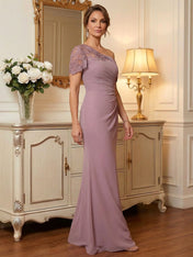One-Shoulder Short Sleeve Floor-Length Chiffon Mother of the Bride Dress With Lace Appliqué