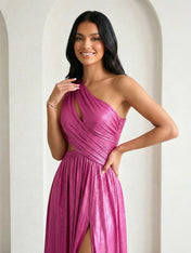 Fuchsia One Shoulder Hollowed Maxi Dress with Pleat