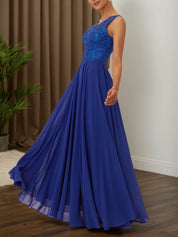 Blue Sequin Lace Chiffon V Neck Sleeveless A-Line Maxi Dress