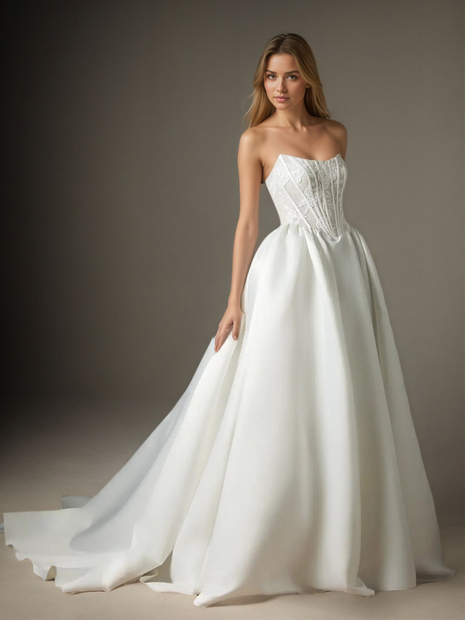 White A-line Strapless Lace Sweep Train Wedding Dress