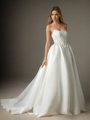 White A-line Strapless Lace Sweep Train Wedding Dress