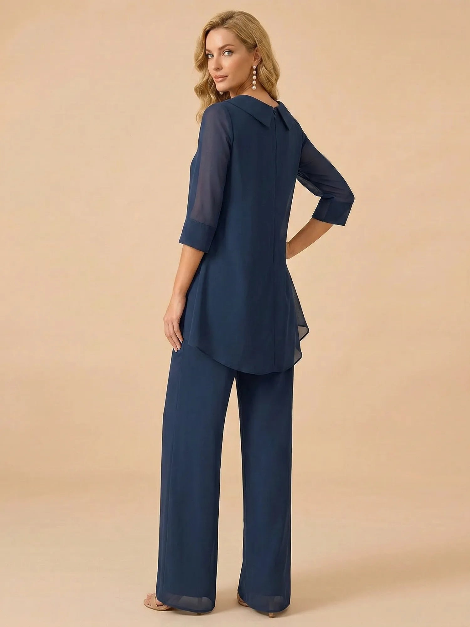 Scoop Neck 3/4 Sleeve Pleated Chiffon Mother of the Bride Pantsuit