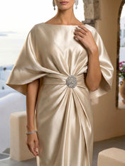 Half Sleeves Mermaid Satin Tea Length Long Evening Dresses with 3D Flower