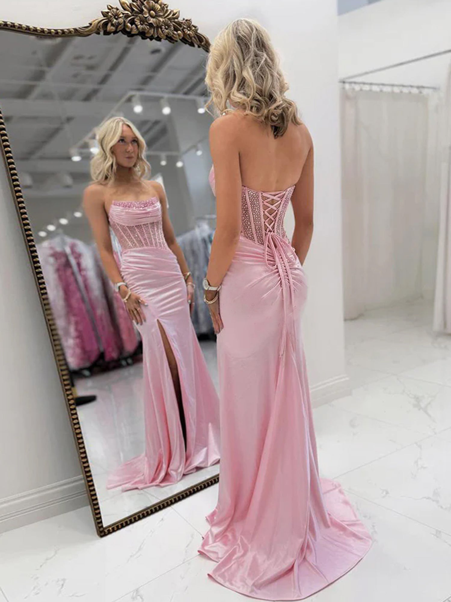 Bodycon Scoop Neck Satin Long Prom Dress with Slit