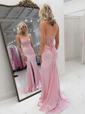 Bodycon Scoop Neck Satin Long Prom Dress with Slit