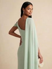 Sage Green Cape Sleeve Chiffon Evening Dress with Ruched Waist