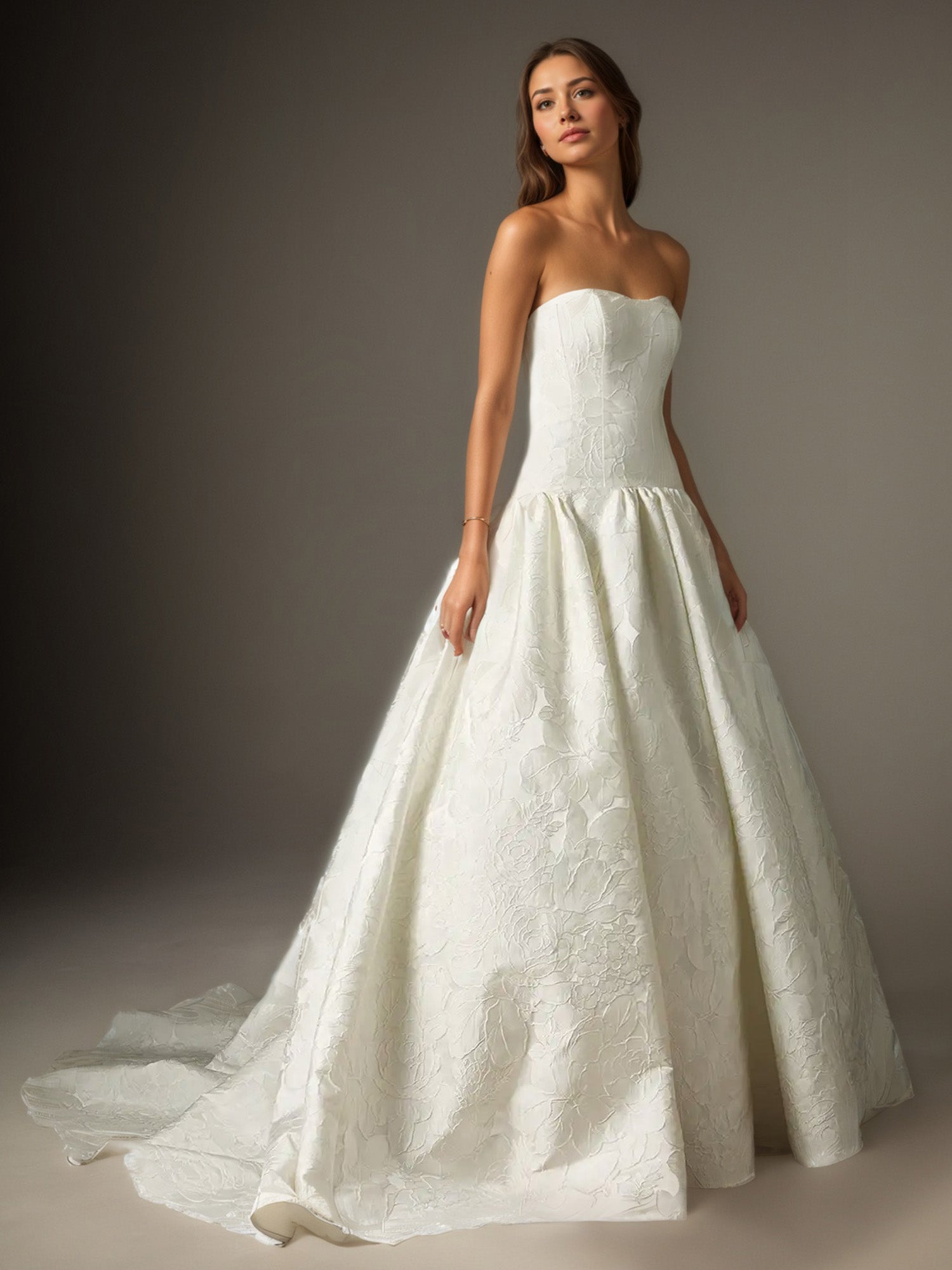White Ball-Gown Strapless Floral Jacquard Wedding Dress