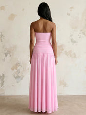 Pink Strapless Maxi Dresses with Pleat A Line Evening Dress