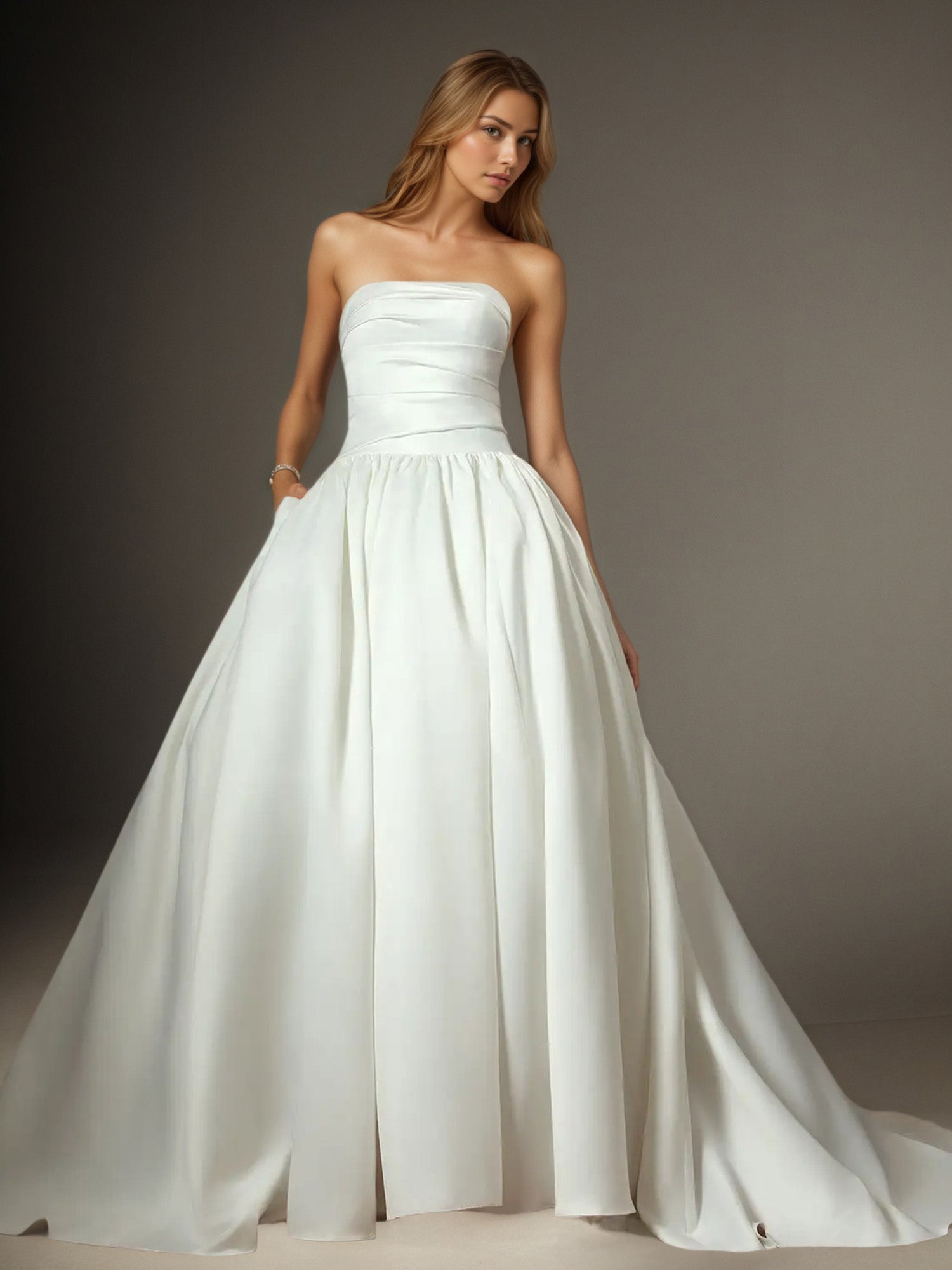 White Ball-Gown Strapless Matte Satin Wedding Dress