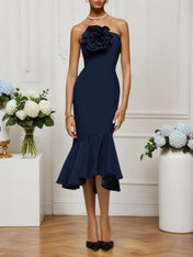 Dark Blue 3D Floral Strapless Mermaid Midi Dress