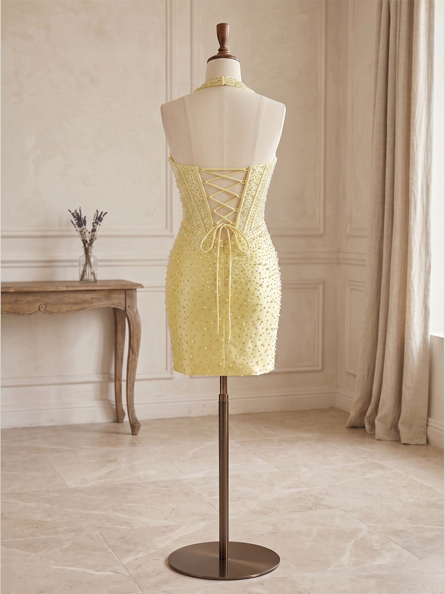 Glamorous Yellow Pearl Beaded Corset Short Homecoming Dresses