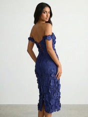 3D Floral Appliqué Off-Shoulder Midi Dress