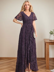 A-Line V-Neck Asymmetrical Lace Mother of the Bride Dress With Cascading Ruffles