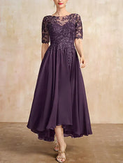 A-line Scoop Illusion Asymmetrical Chiffon Lace Mother of the Bride Dress With Sequins