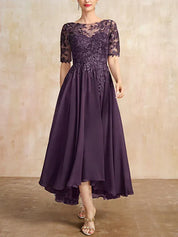 Robe de mère de la mariée asymétrique en mousseline de soie et dentelle, coupe trapèze, décolleté en V, illusion, avec paillettes 