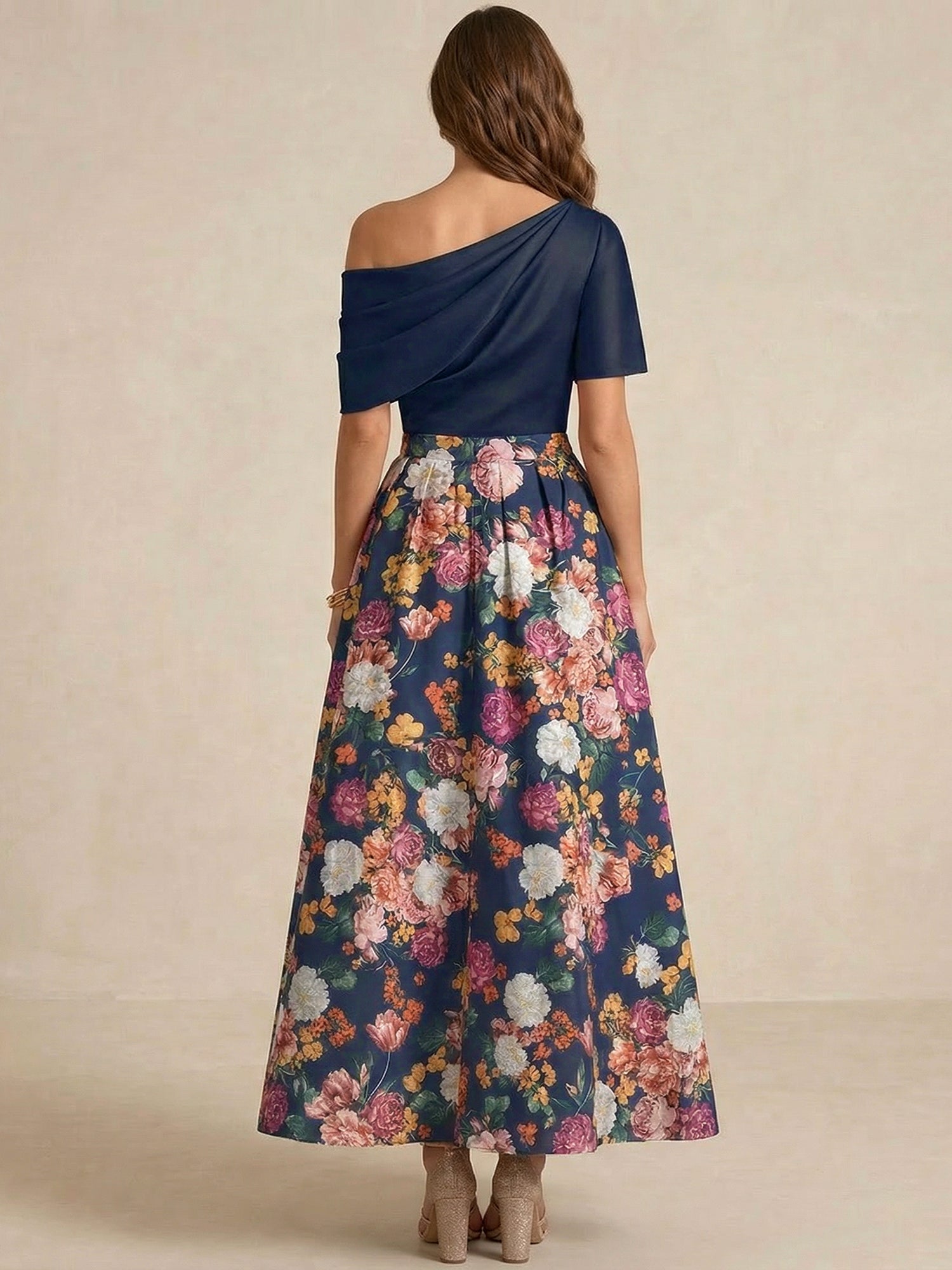 A-line Short Sleeves Pleated Ankle-Length Print Flower Mother of the Bride Dress