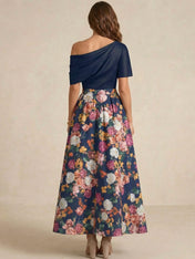 A-line Short Sleeves Pleated Ankle-Length Print Flower Mother of the Bride Dress