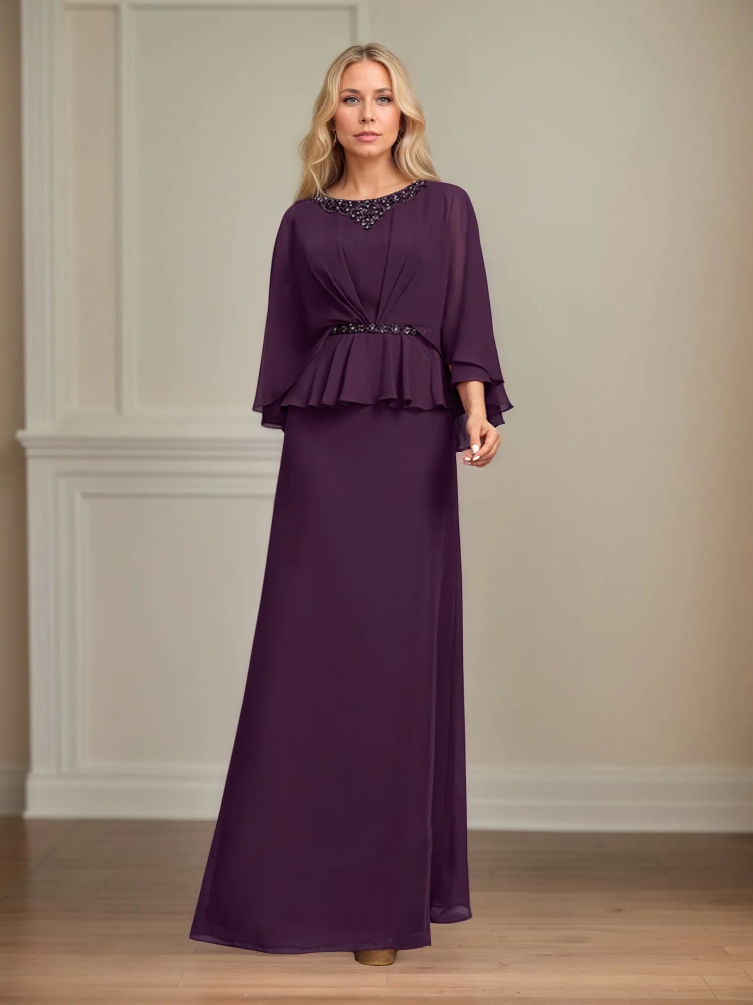 A-line Scoop Floor-Length Chiffon Mother of the Bride Dress With Pleated Sequins Beading