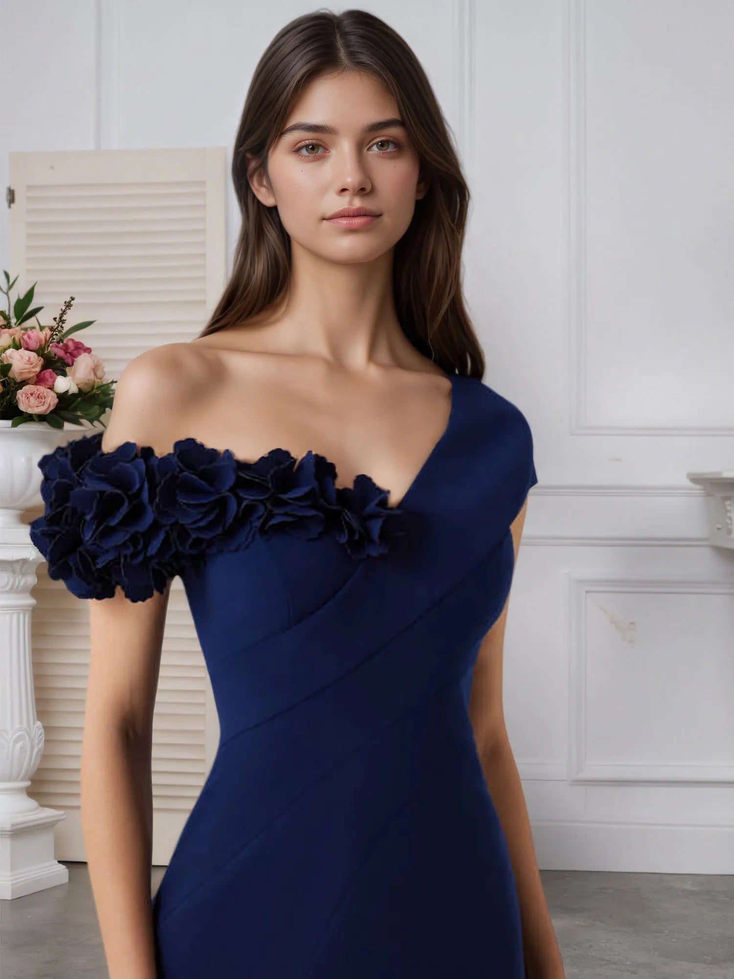 Stretch Crepe One Shoulder 3D Floral Floor-Length Evening Dress