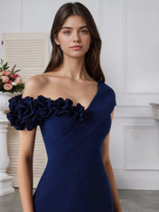 Stretch Crepe One Shoulder 3D Floral Floor-Length Evening Dress
