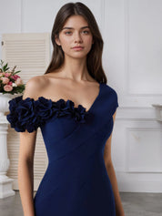 Stretch Crepe One Shoulder 3D Floral Floor-Length Evening Dress