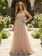 Strapless Beaded Tulle A-Line Long Prom Dress