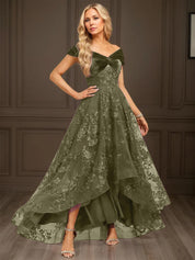 A-line Off the Shoulder Asymmetrical Velvet Lace Evening Dress With Pleated Sequins