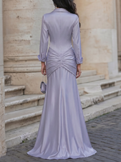 Satin Column Long-Sleeve Floor-Length Evening Dresses with Collared Neckline and Front Slit