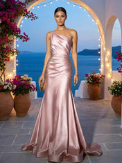 Dusty Pink One Shoulder Evening Dress with Pleat Mermaid Maxi Dress