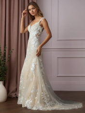 White Champagne Mermaid Sweetheart Sequins Tulle Wedding Dress