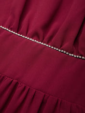 Wine Red Rhinestone Classic V Neck Sleeveless A-Line Maxi Dress