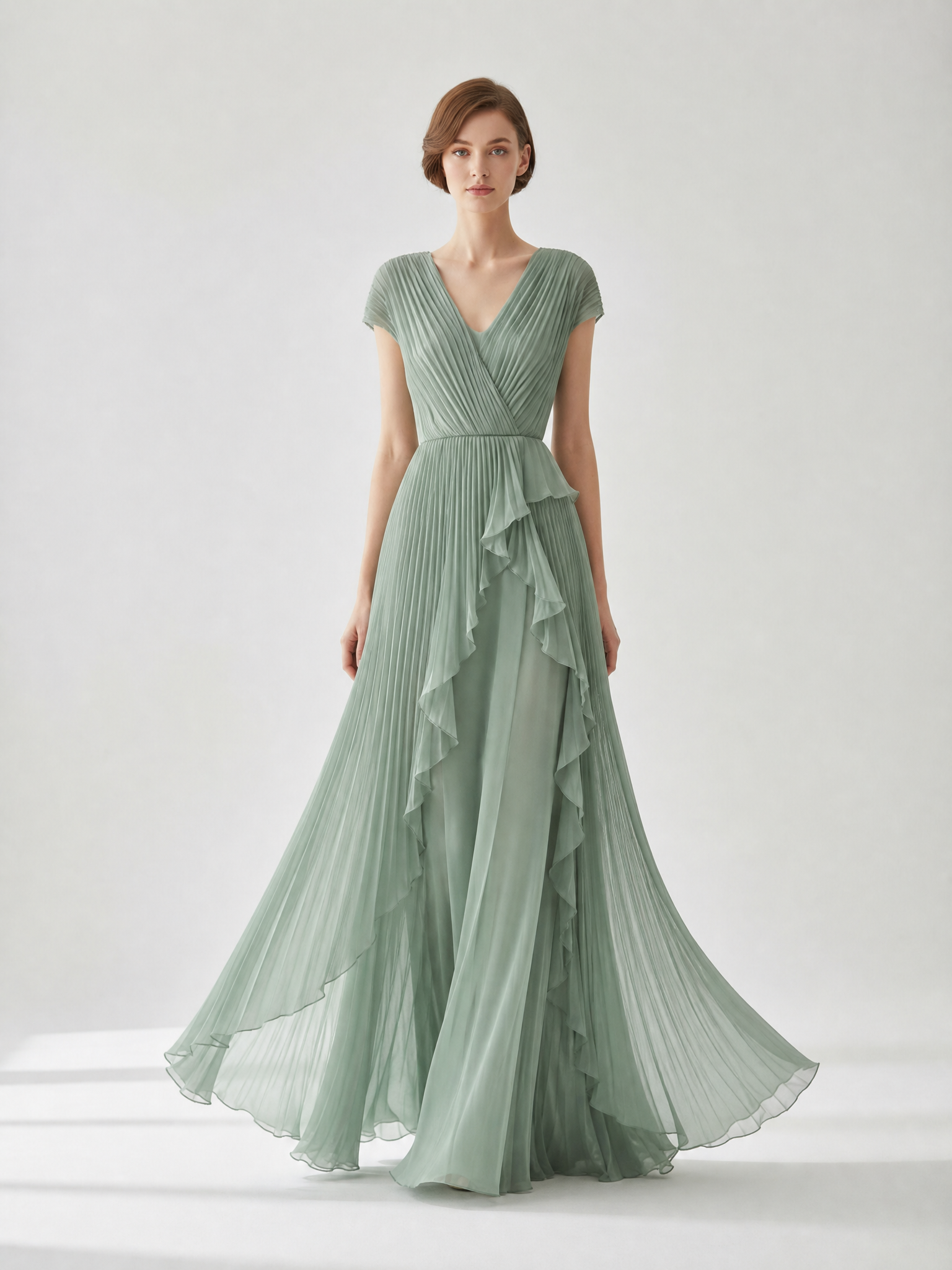 Pleated Chiffon A-Line V-Neck Floor-Length Evening Dresses with Ruffles