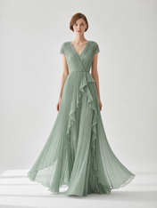 Pleated Chiffon A-Line V-Neck Floor-Length Evening Dresses with Ruffles