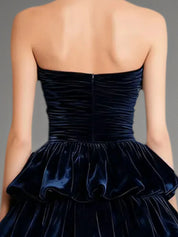 Evening Formal Dress Navy Off The Shoulder Velvet Maxi Dress With Ruffles