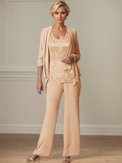 Elegant Scoop Neck Ankle Length Chiffon Mother of the Bride Pantsuits