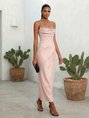 Pink Strapless Maxi Dresses Mermaid Tea Length Evening Dress
