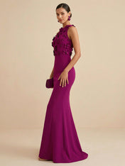 Deep Fuchsia Sleeveless High Neck 3D Floral Mermaid Formal Gown Evening Dress