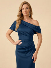 One-Shoulder Draped Satin Mermaid Mother of the Bride Dress Maxi Dress