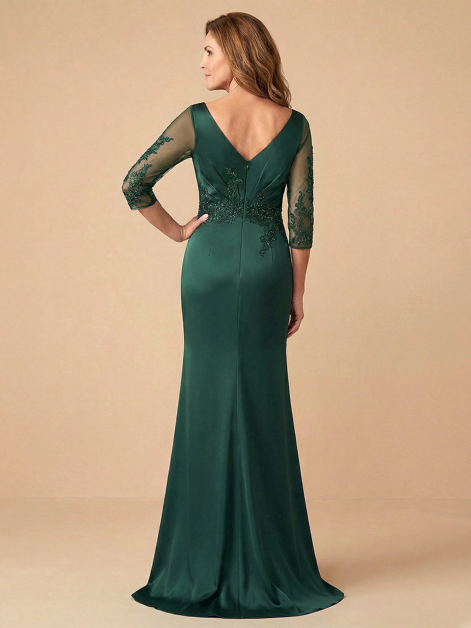 Half Sleeves Lace Applique Mermaid Satin Mother of the Bride Dress for Women