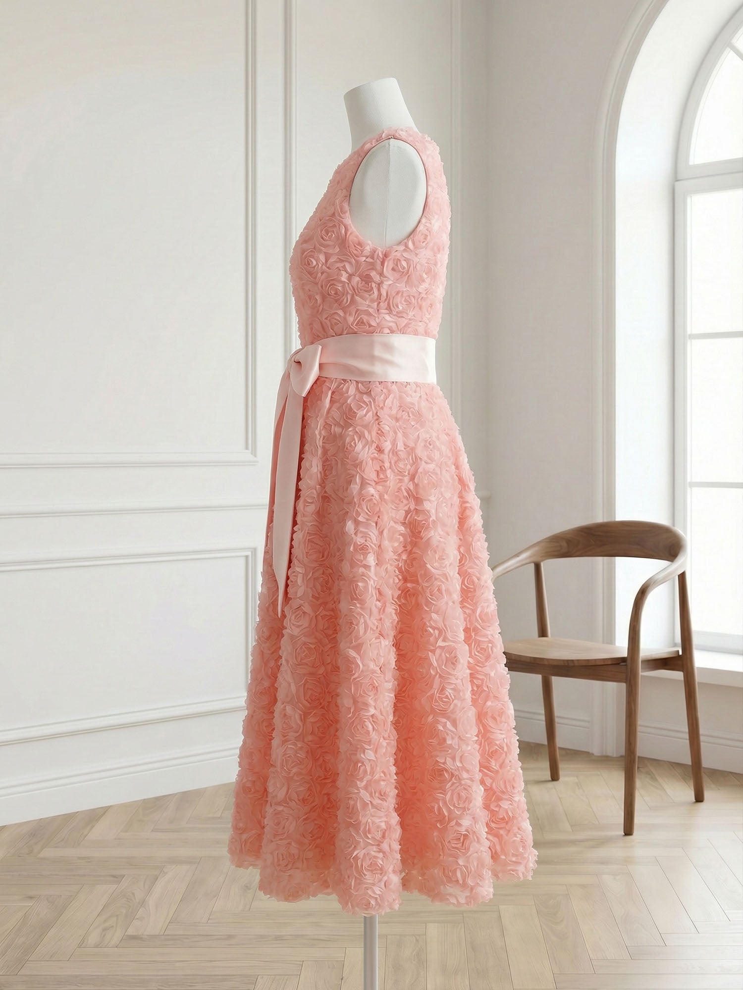 Pink 3D Floral Bow Crew Neck A-Line Midi Dress