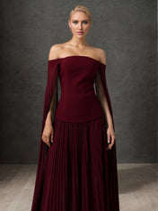 Off-Shoulder Cape Sleeve Pleated Maxi Gown Formal Evening Dress