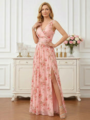 Floral Print V-Neck Sleeveless A-Line Mother of the Bride Dress with Slit