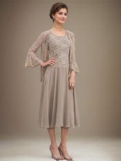 A-line Scoop Tea-Length Lace Chiffon Mother of the Bride Dress With Sequins