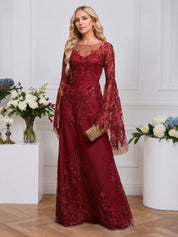 A-line Scoop Illusion Floor-Length Tulle Lace Evening Dress With Sequins
