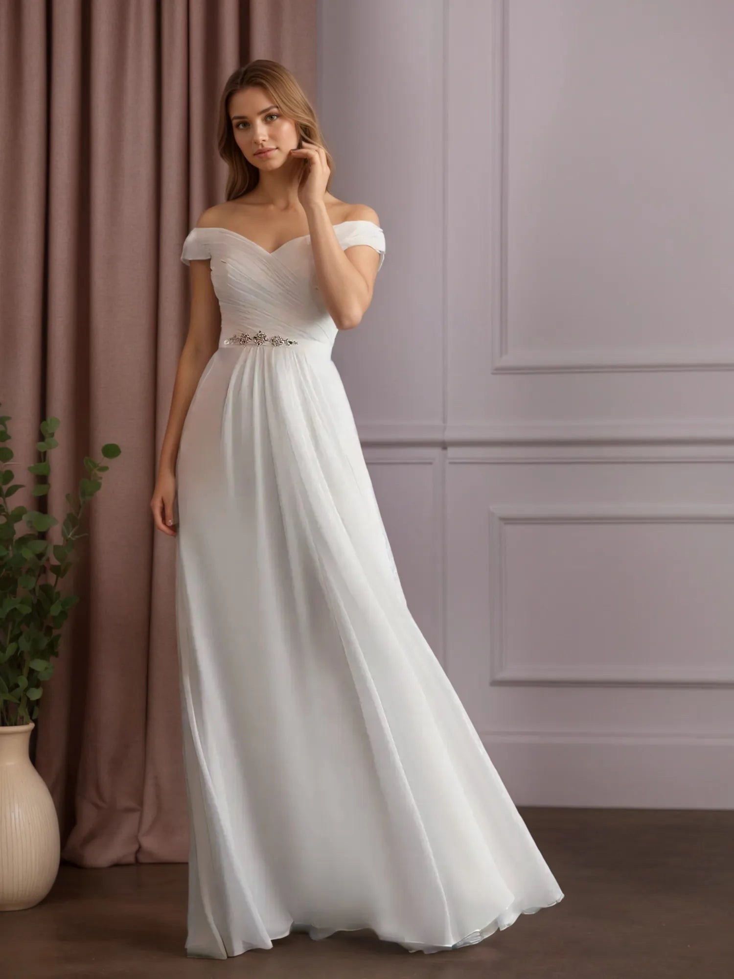 White A-Line Off The Shoulder Sequins Chiffon Wedding Dress