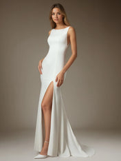 White Champagne Mermaid Side Slit Tulle Wedding Dress