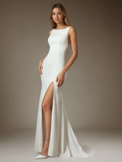 White Champagne Mermaid Side Slit Tulle Wedding Dress