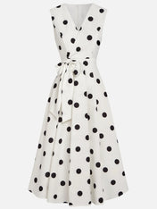 White Polka Dots V Neck Sleeveless A-Line Midi Dress