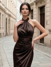 Brown Halter High Neck Ruched Satin Gown Mermaid Evening Dress